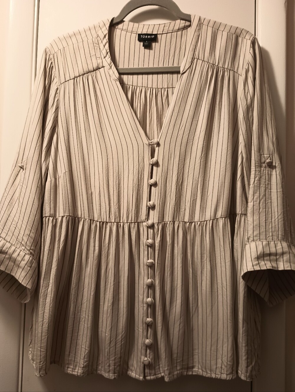 torrid Cream Striped Button-Front Peplum Tunic